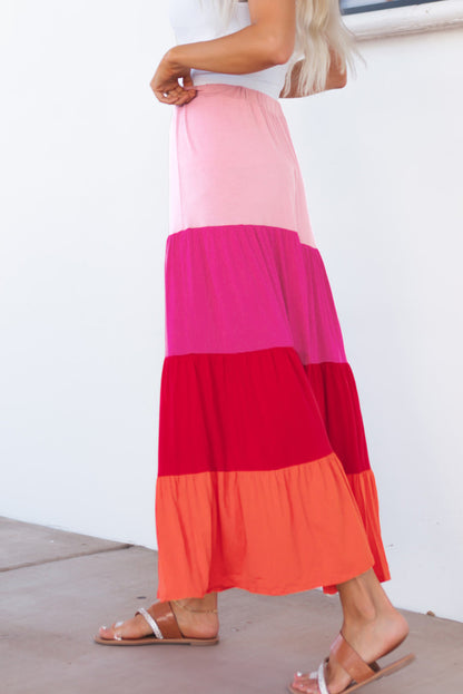 Colour Block Tiered Drawstring High Waist Maxi Skirt | Pink