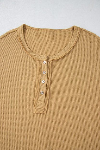 Textured Knit Half Button Drop Shoulder Oversized Top | Camel