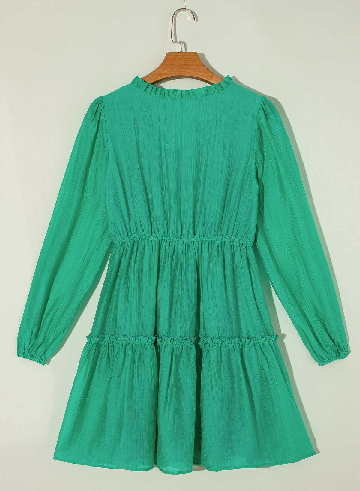 Frilly V Neck Puff Sleeve Drawstring Shift Mini Dress | Sea Green