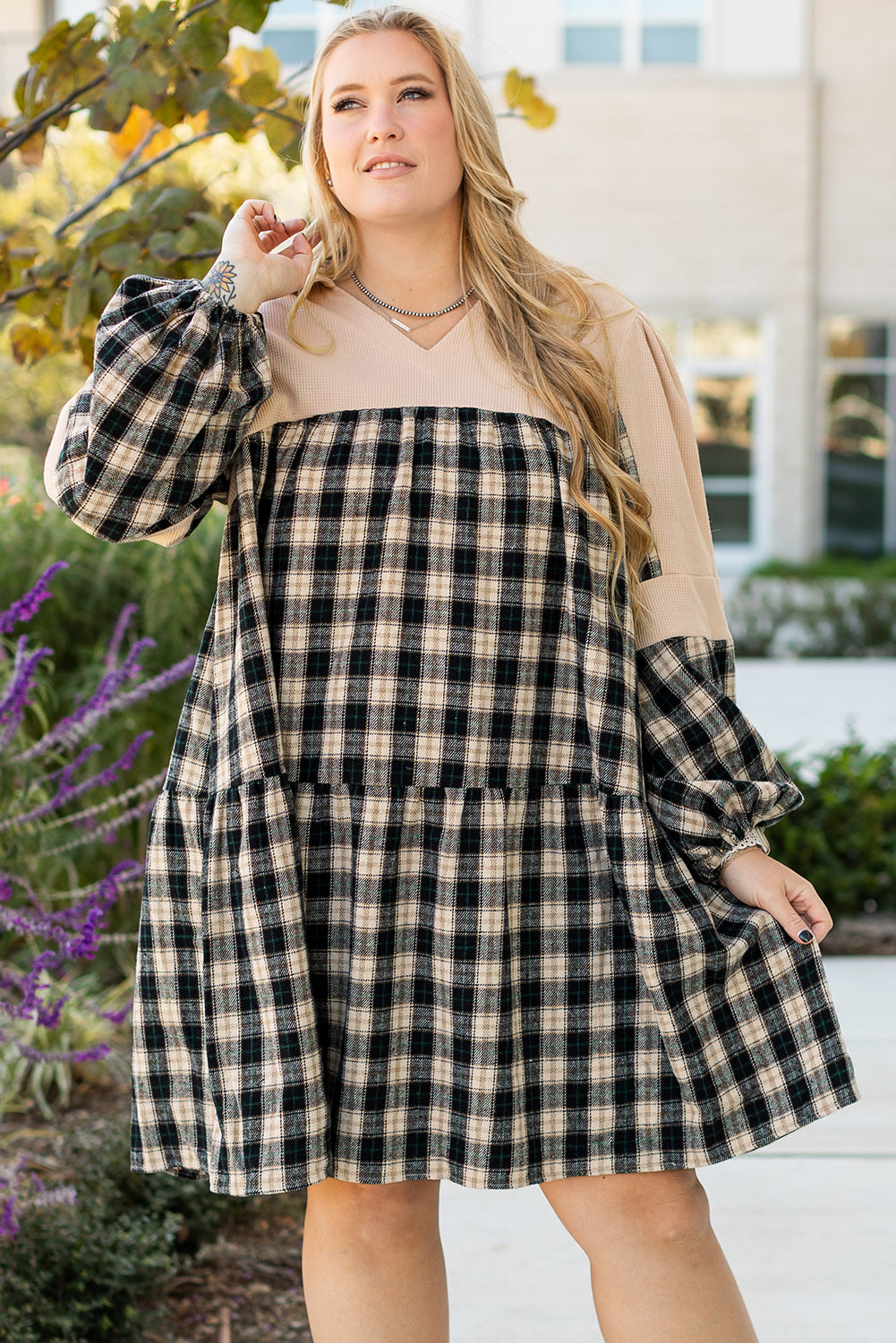 Plaid Waffle Knit Patchwork Collared V Neck Plus Size Mini Dress | Black