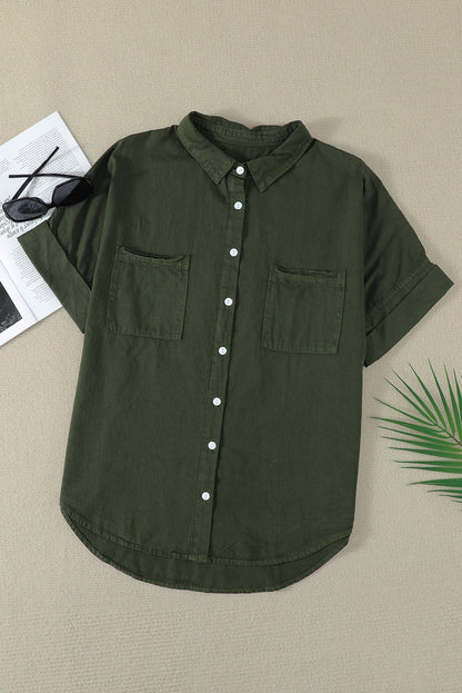 Turn-Down Collar Short Sleeve Denim Shirt | Green