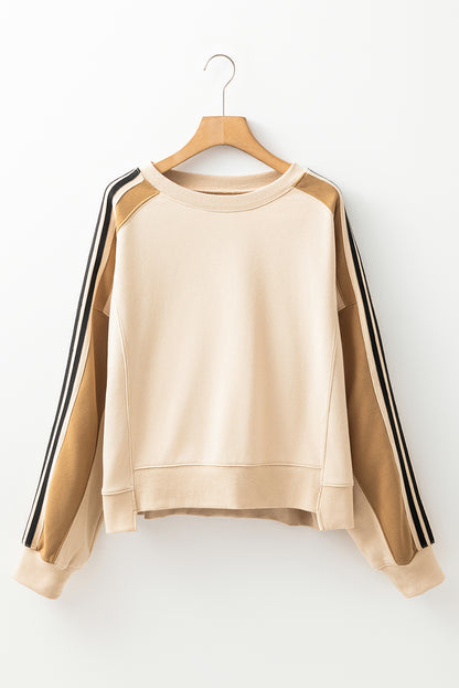 Contrast Striped Patchwork Drop Shoulder Loose Sweatshirt | Beige