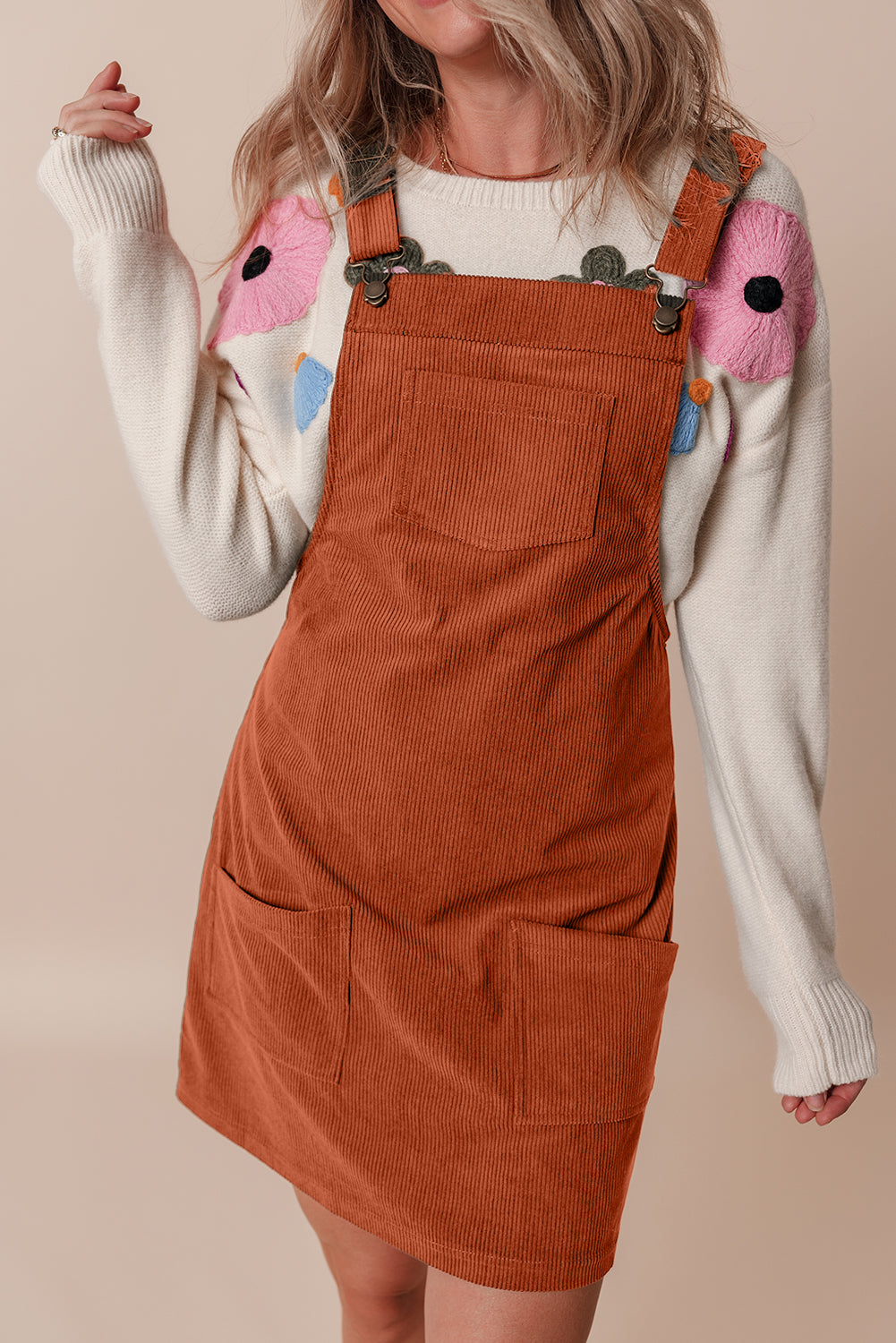 Solid Front Pockets Sleeveless Corduroy Overall Dress | Cinnamon