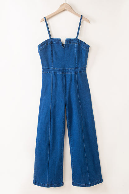 Spaghetti Straps Notch V Denim Jumpsuit | Blue