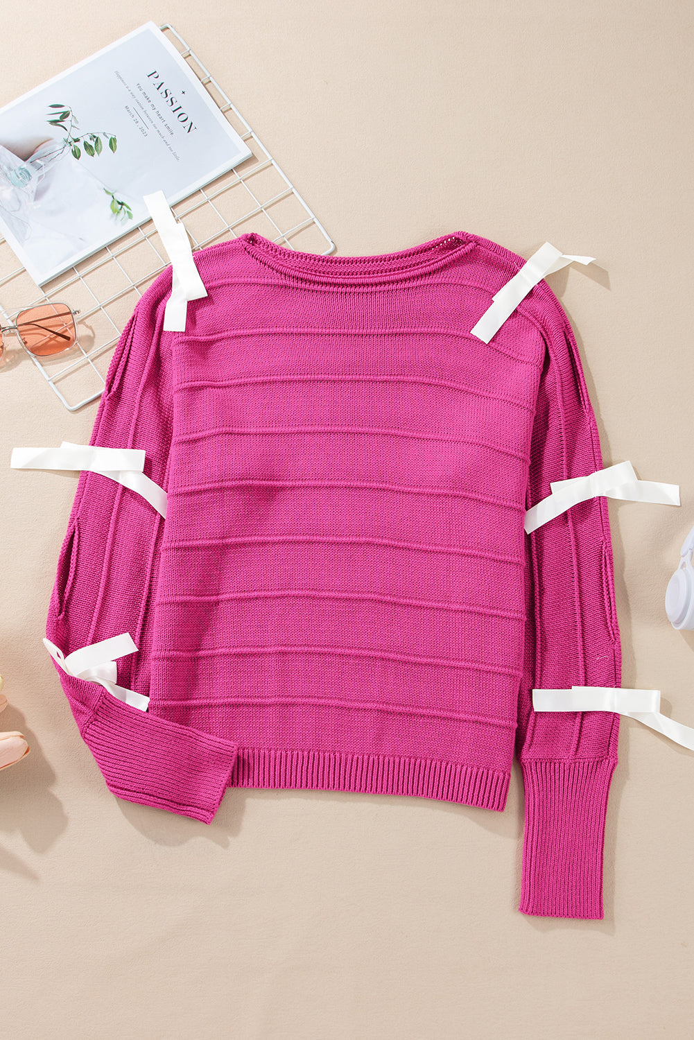 Bow Knot Cut Out Round Neck Loose Sweater | Rose Red