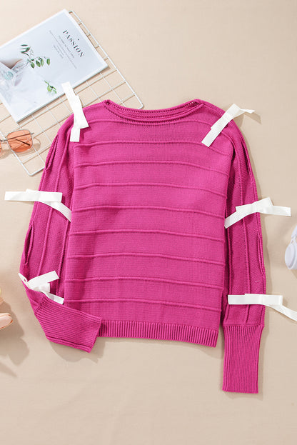 Bow Knot Cut Out Round Neck Loose Sweater | Rose Red