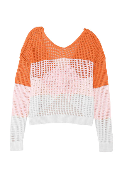 Colour Block Eyelet Long Sleeve Twisted Back Knit Top | Multicolour