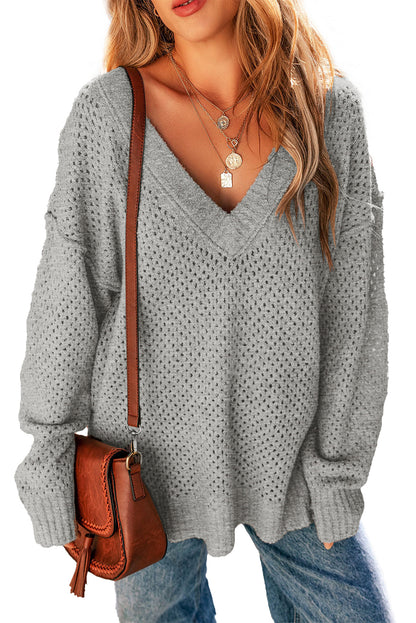 Loose Eyelet V Neck Drop Shoulder Sweater | Light Grey