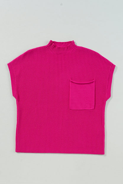 Patch Pocket Ribbed Knit Short Sleeve Sweater | Rose Red