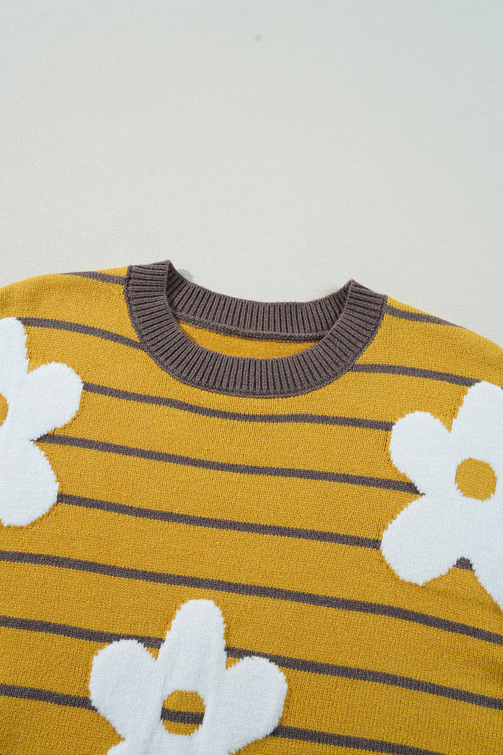 Daisy Floral Knitted Round Neck Sweater | Yellow Stripe