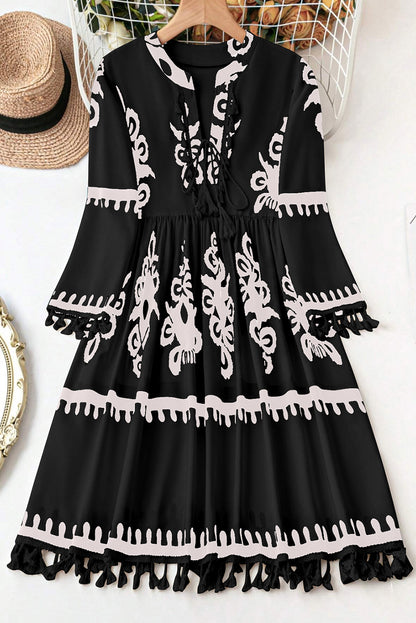 Plus Size Western Floral Print Fringed V Neck Dress | Black