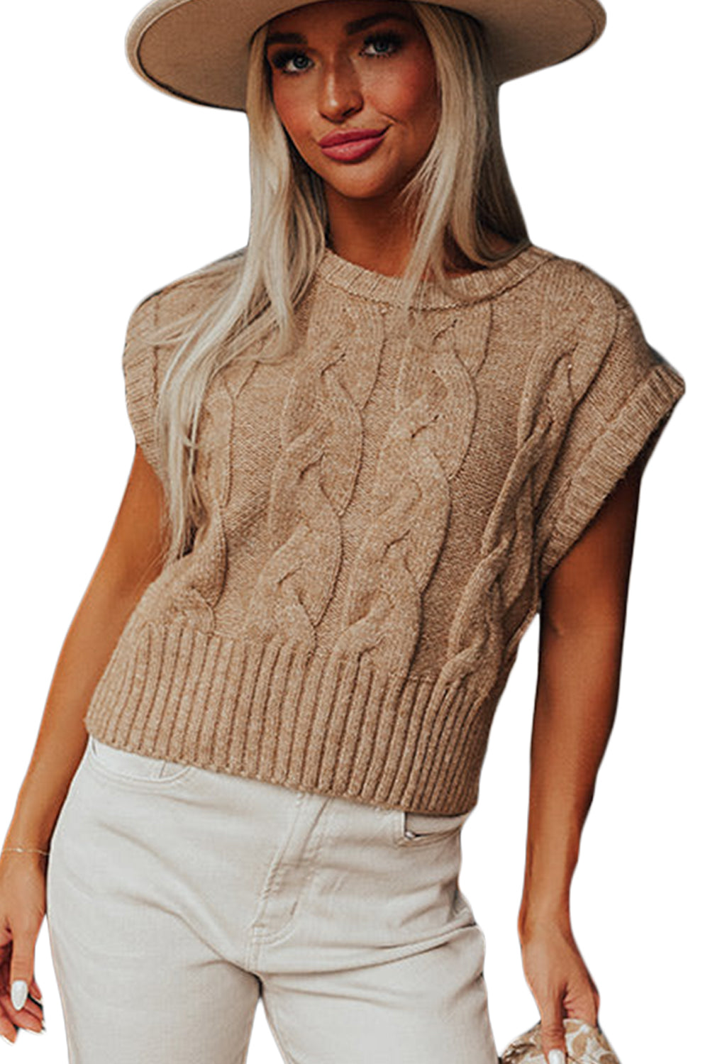 Cap Sleeve Cable Knit Sweater | Light French Beige