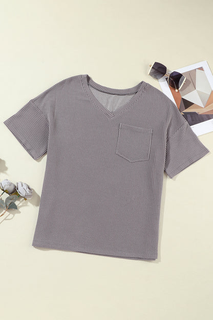 Corded V Neck Chest Pocket Loose T-Shirt | Light Grey