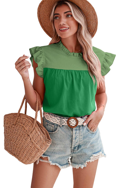 Two Tone Ruffled Flutter Sleeve Blouse | Bright Green