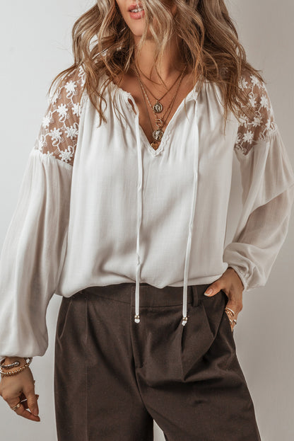 Floral Lace Patchwork Puff Sleeve Tied V Neck Blouse | White