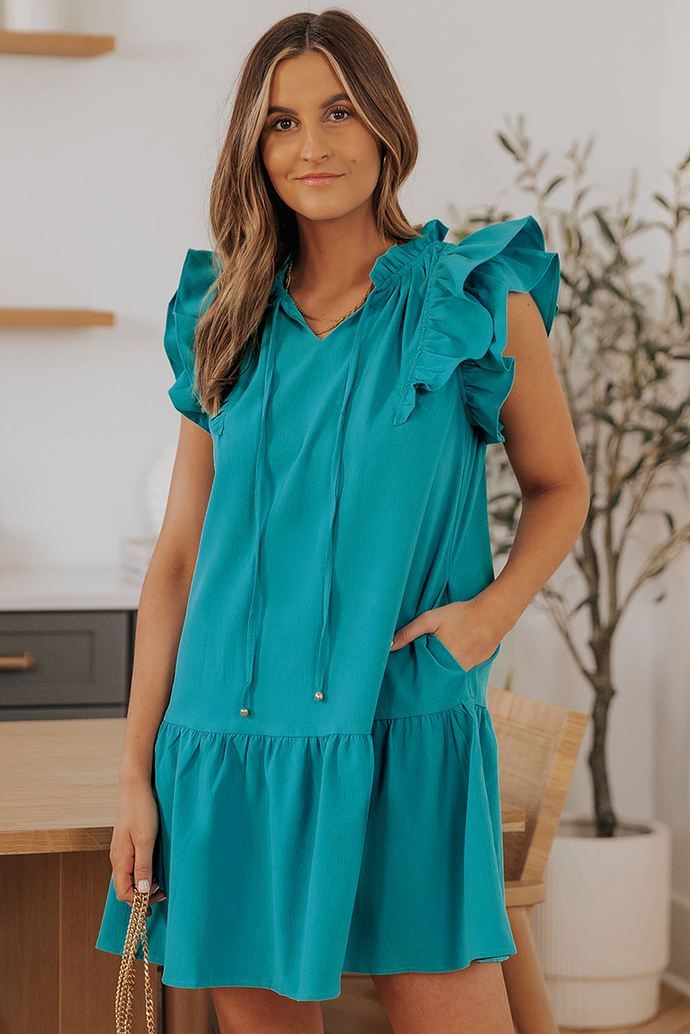 Tiered Ruffled Sleeves Mini Dress With Pockets | Green