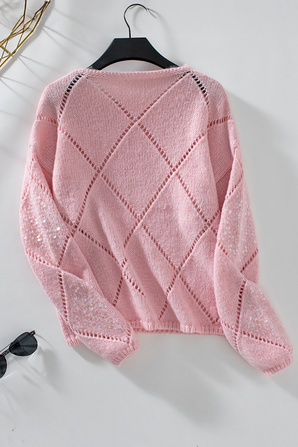 Hollowed Rhombus Pattern Sequin Detail Round Neck Sweater | Light Pink