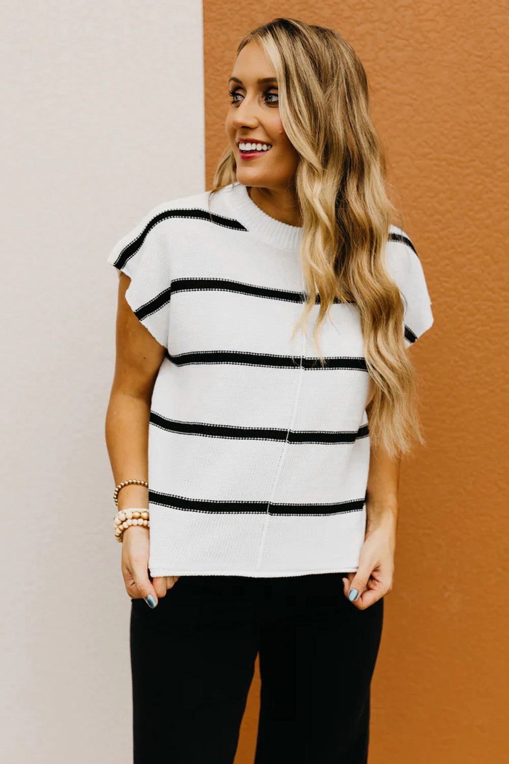 Striped Batwing Sleeve Sweater Tee | White