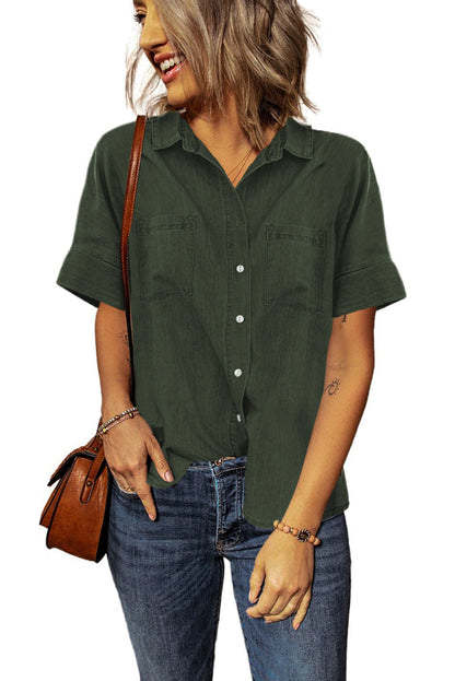 Turn-Down Collar Short Sleeve Denim Shirt | Green