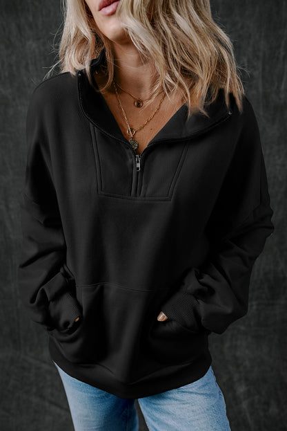 Zip-Up Stand Neck Kangaroo Pocket Sweatshirt | Black