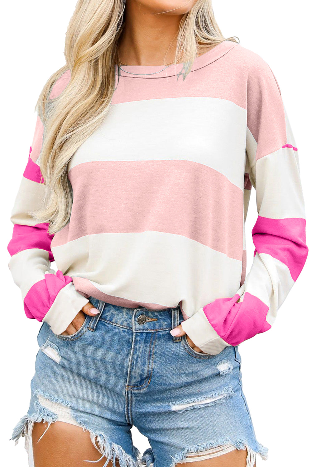 Colourblock Striped Drop Shoulder Long Sleeve Top | Light Pink