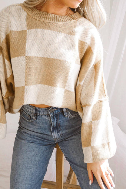 Checkered Bishop Sleeve Sweater | Khaki