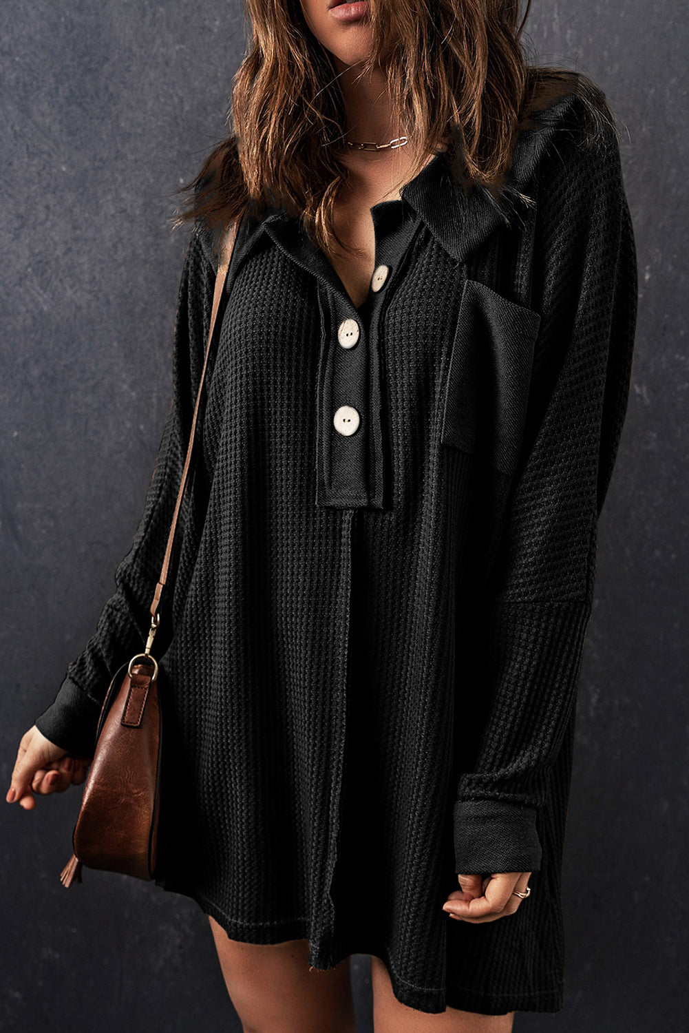 Waffle Knit Buttoned Long Sleeve Top | Black