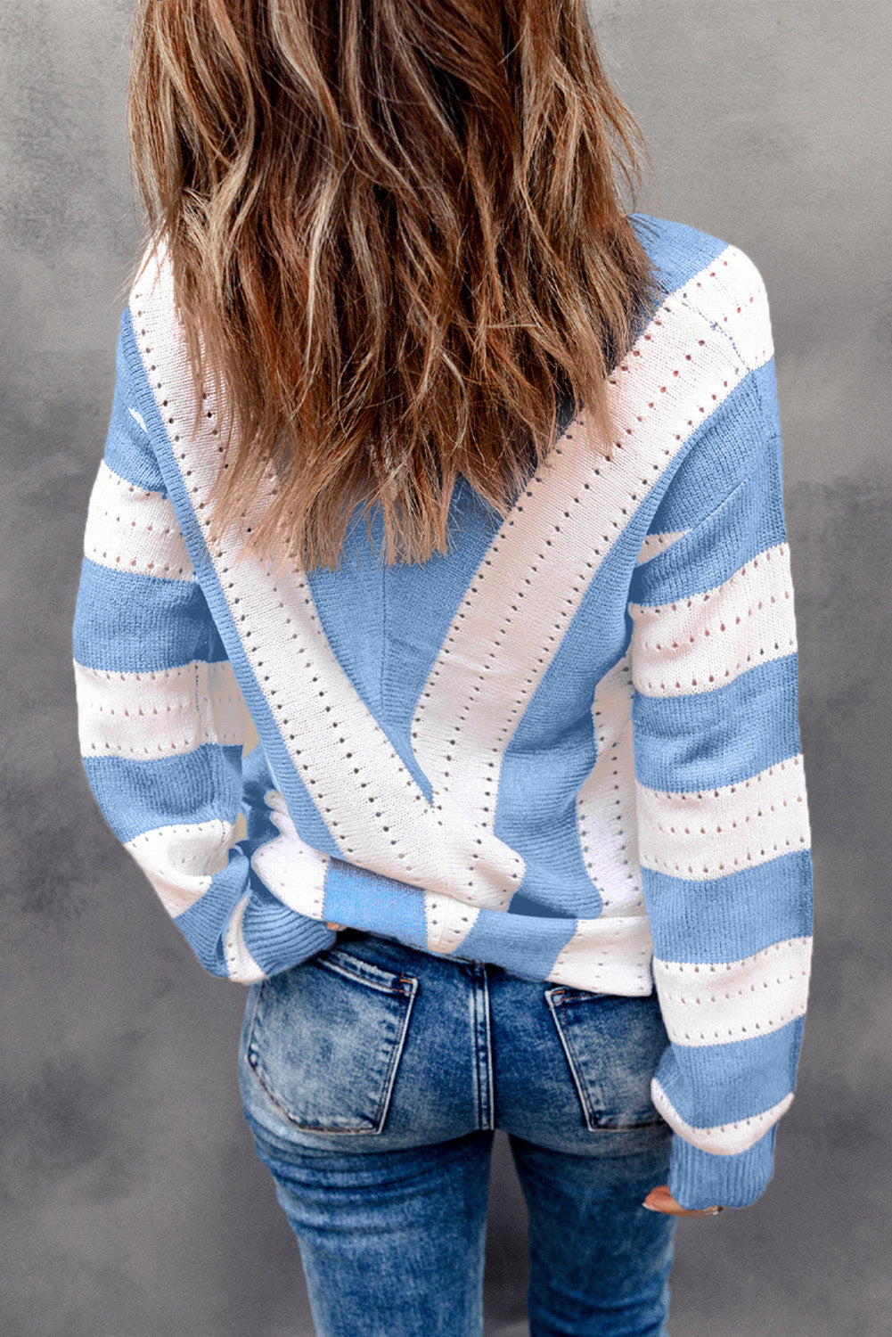 Striped Colourblock V Neck Knitted Sweater | Sky Blue