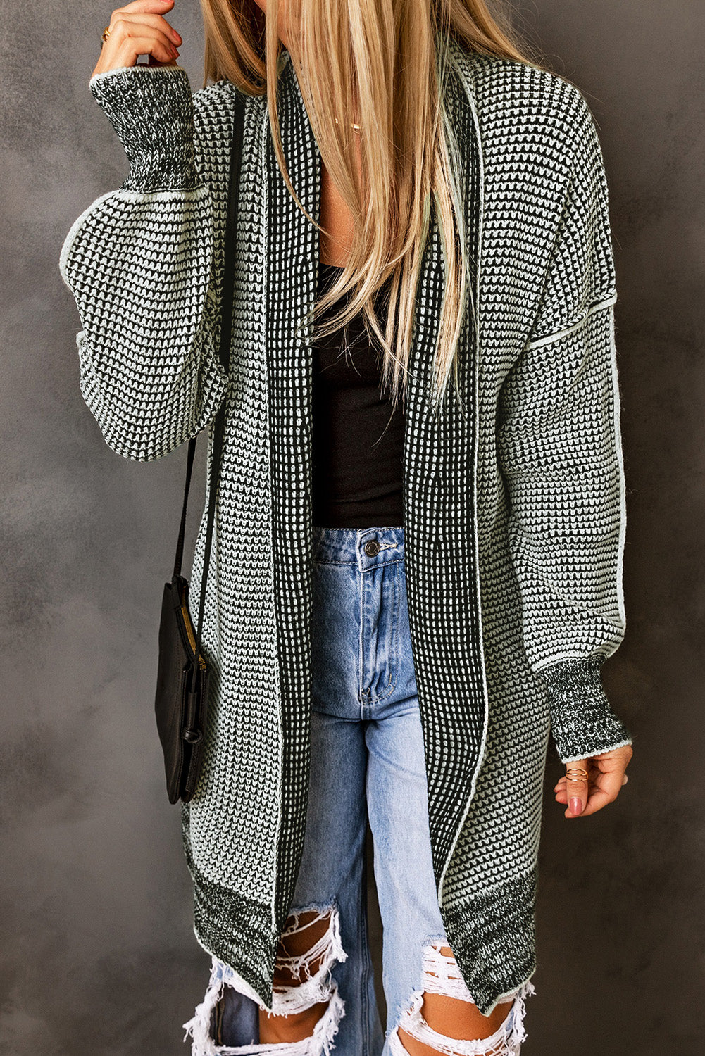 Plaid Knitted Long Open Front Cardigan | Gray