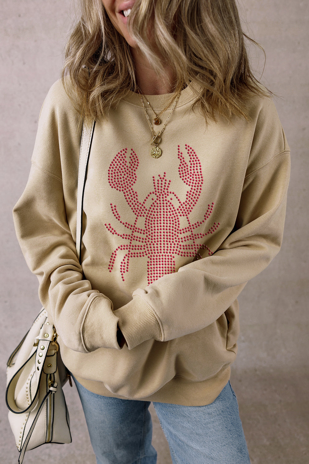 Rhinestone Crawfish Graphic Crewneck Oversized Sweatshirt | Parchment