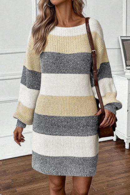 Colourblock Bubble Sleeve Drop Shoulder Sweater Dress | Gray Stripe