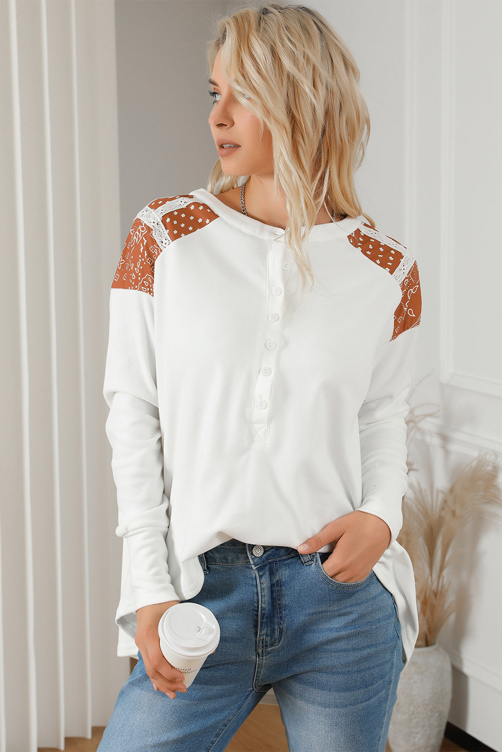 Contrast Crochet Lace Henley Top | White