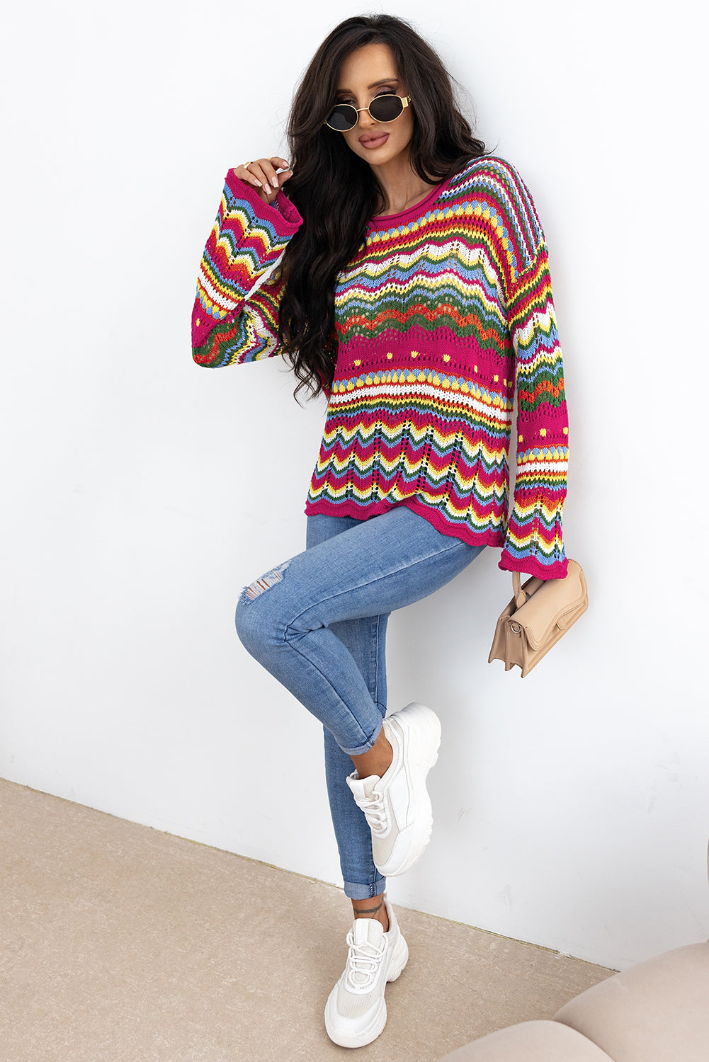 Colourblock Striped Hollowed Knit Loose Sleeve Sweater | Rose Red