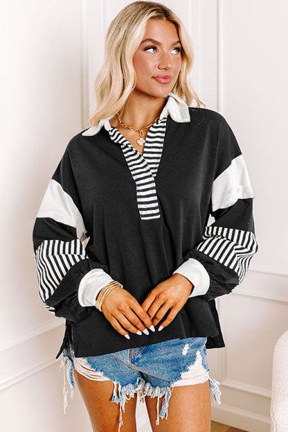 Striped Colourblock Patchwork Collar Sweatshirt | Black