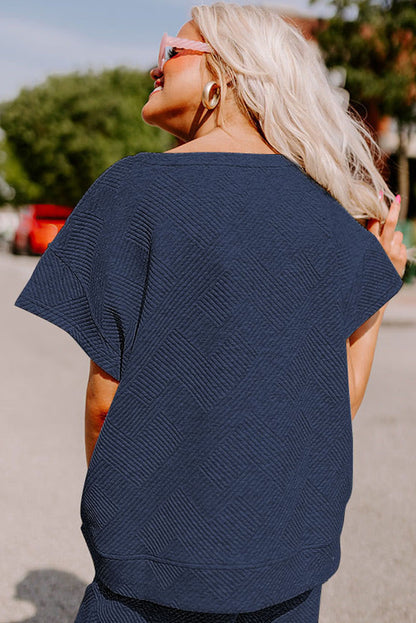 Textured Loose Fit T Shirt And Drawstring Pants Set | Navy Blue