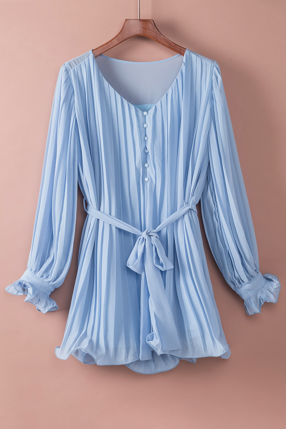 Pleated Ruffled Tie Waist Buttons V Neck Romper | Sky Blue