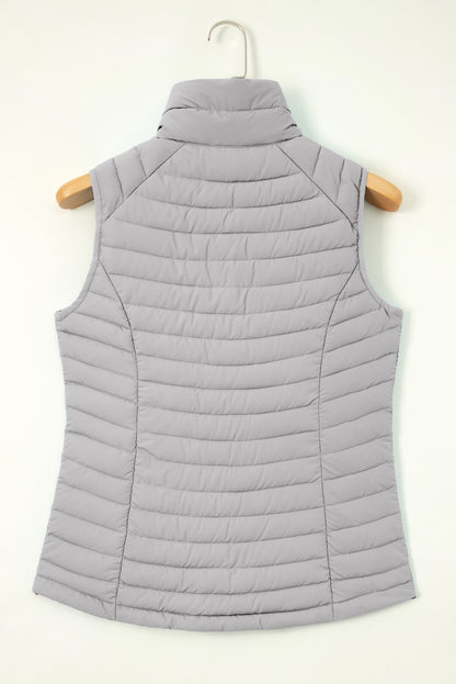 Plush Collared Quilted Zipped Puffer Vest | Silvery