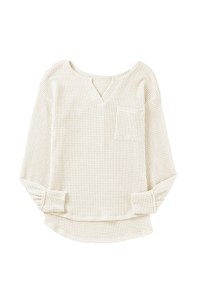 Waffle Knit Split Neck Pocketed Loose Top | Beige