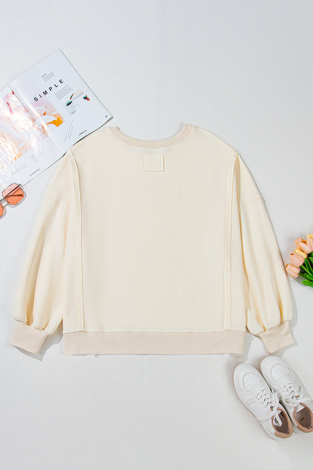 Solid Colour Waffle Knit Drop Shoulder Plus Size Sweatshirt | White