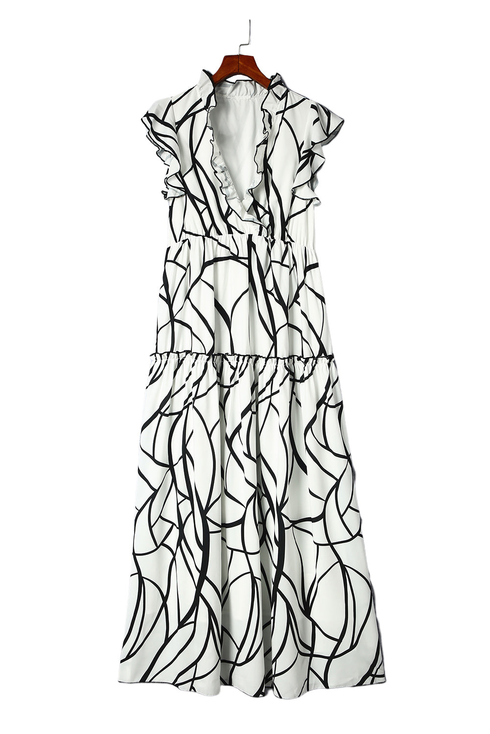 Abstract Vein Print V Neck Ruffle Maxi Dress | White