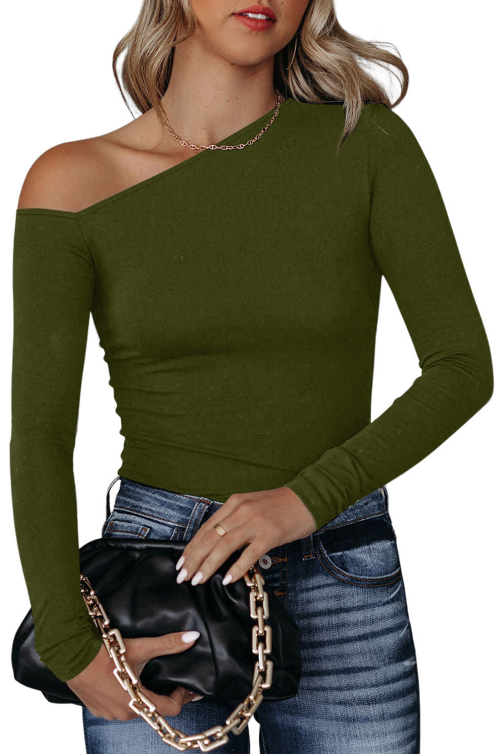 Asymmetrical Neckline Long Sleeve Knit Top | Green