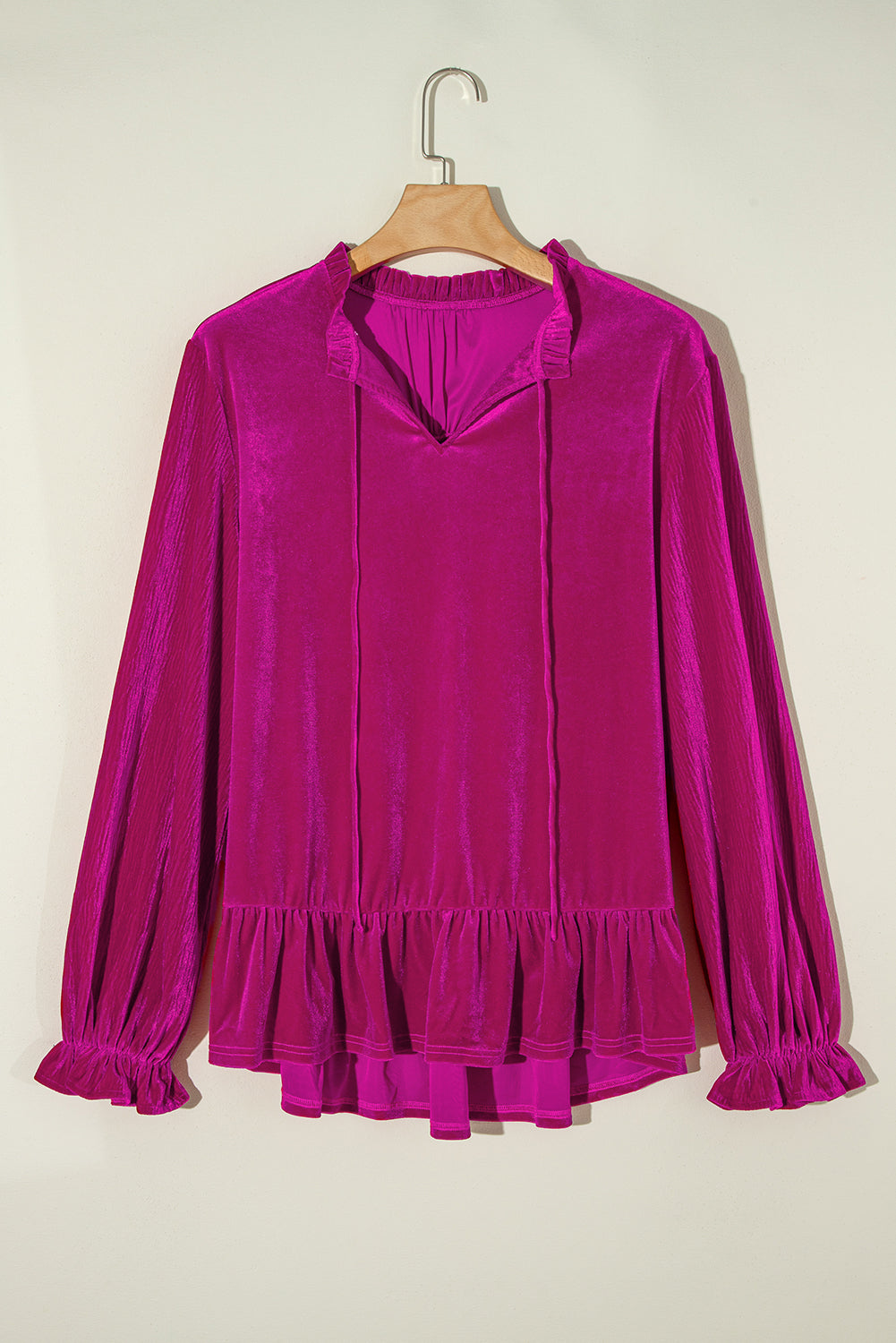 Plus Size Ruffled Sleeve V Neck Velvet Blouse | Bright Pink