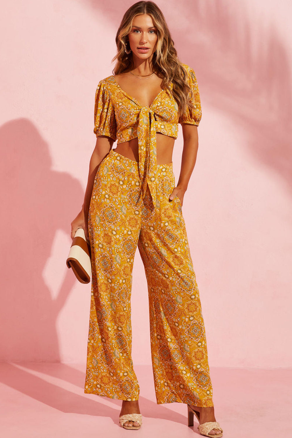 Bohemian Floral Print Pocketed Wide Leg Pants | Yellow