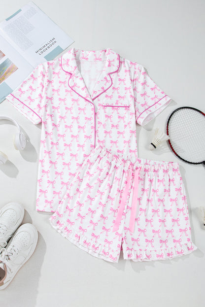 Bowknot Printed Short Sleeve And Ruffled Shorts Pajama Set | Pink