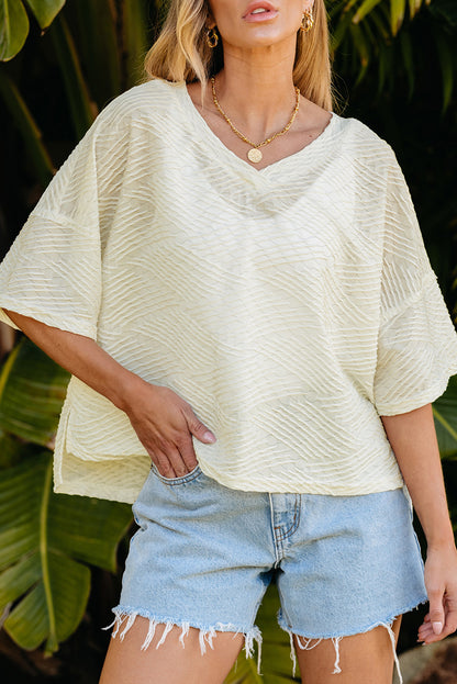 V Neck Textured Split Hem Oversized Top | Beige