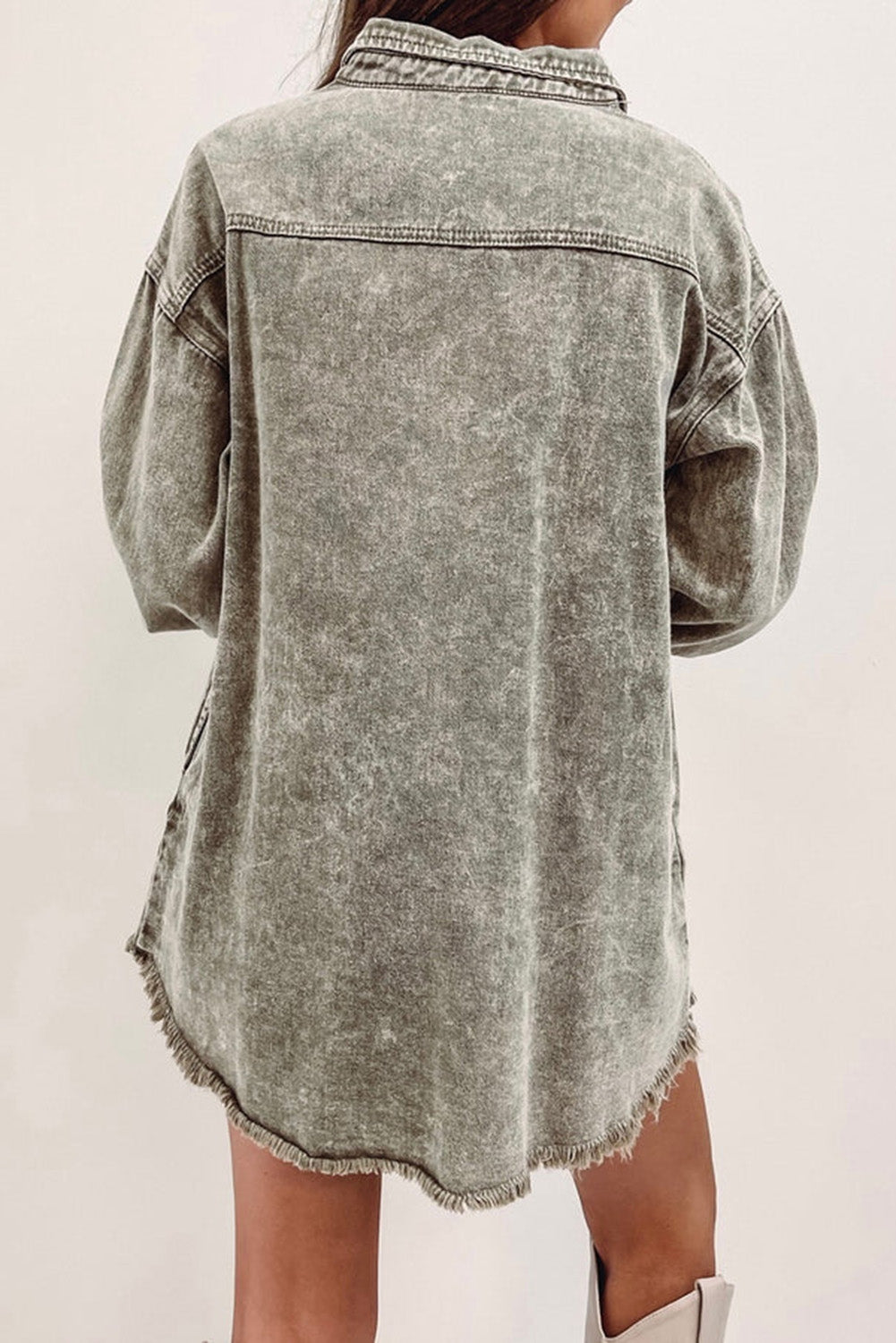 Sage Green Acid Wash Flap Pocket Raw Hem Tunic Denim Jacket | sage Green