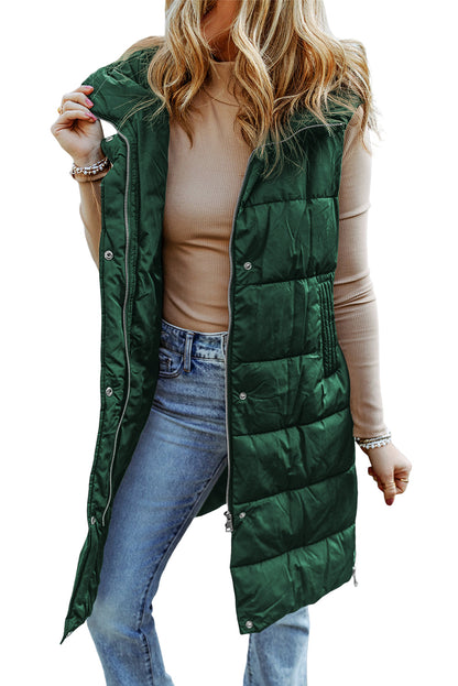 Hooded Long Quilted Vest Coat | Green