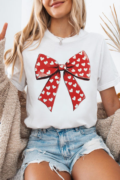 Heart Bow Printed Crewneck Valentines T Shirt | White