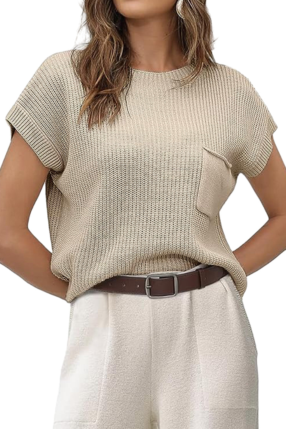 Patch Pocket Short Sleeve Sweater | Pale Khaki