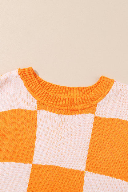 Orange Checkered Bishop Sleeve Sweater | Grapefruit Orange